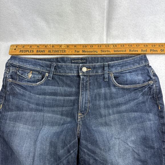 Banana Republic Jeans Womens 32L Blue Denim Flare Leg Flap Pockets Low Dark Wash - Picture 2 of 7